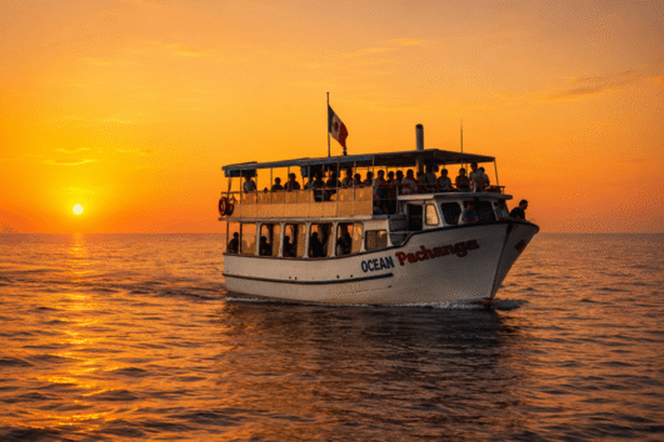 Barco Ocean Pachanga durante un atardecer en Puerto Peñasco